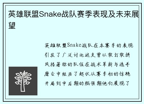 英雄联盟Snake战队赛季表现及未来展望